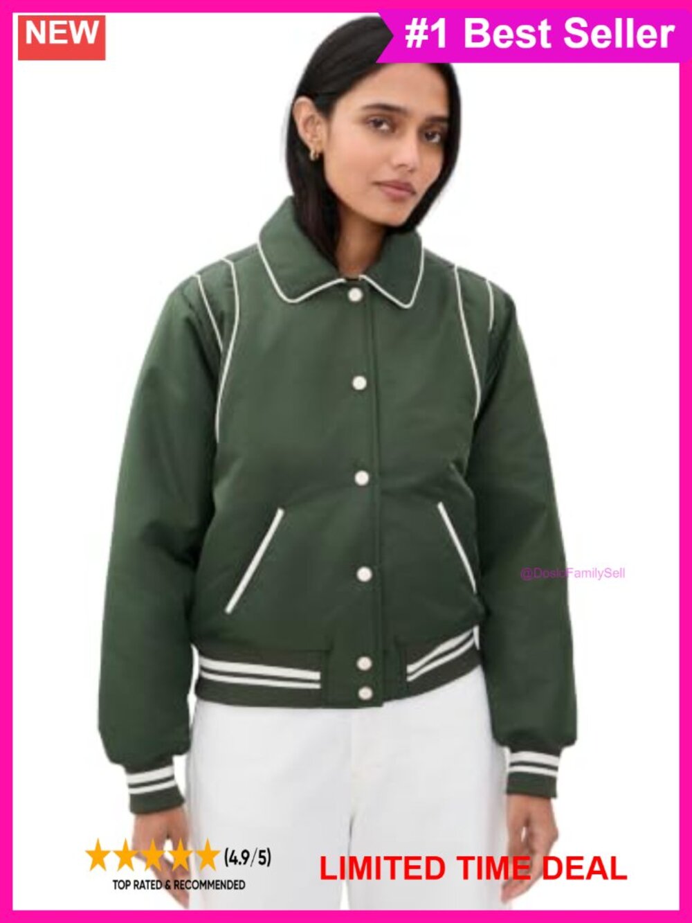 Nylon Bomber Jacket Long Sleeve Button Placket Elastic Cuffs Women's